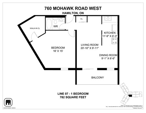 Floor plan for 1 bed, 1 bath, 792 sqft